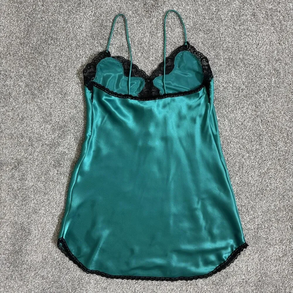 VINTAGE Inner Most Slip Womens Small Teal Lace Satin Chemise USA Sears Cami 90s